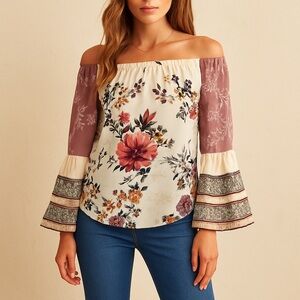 White House Black Market Floral Boho Off-Shoulder Blouse Bell Sleeve S
